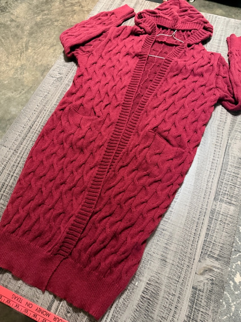 Hooded Cable-Knit Long Cardigan Sweater - Raspberry Maroon - Picture 3 of 10